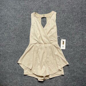 Purple Snow Womens Romper Solid Beige Surplice Neck Sleeveless Open Back S New